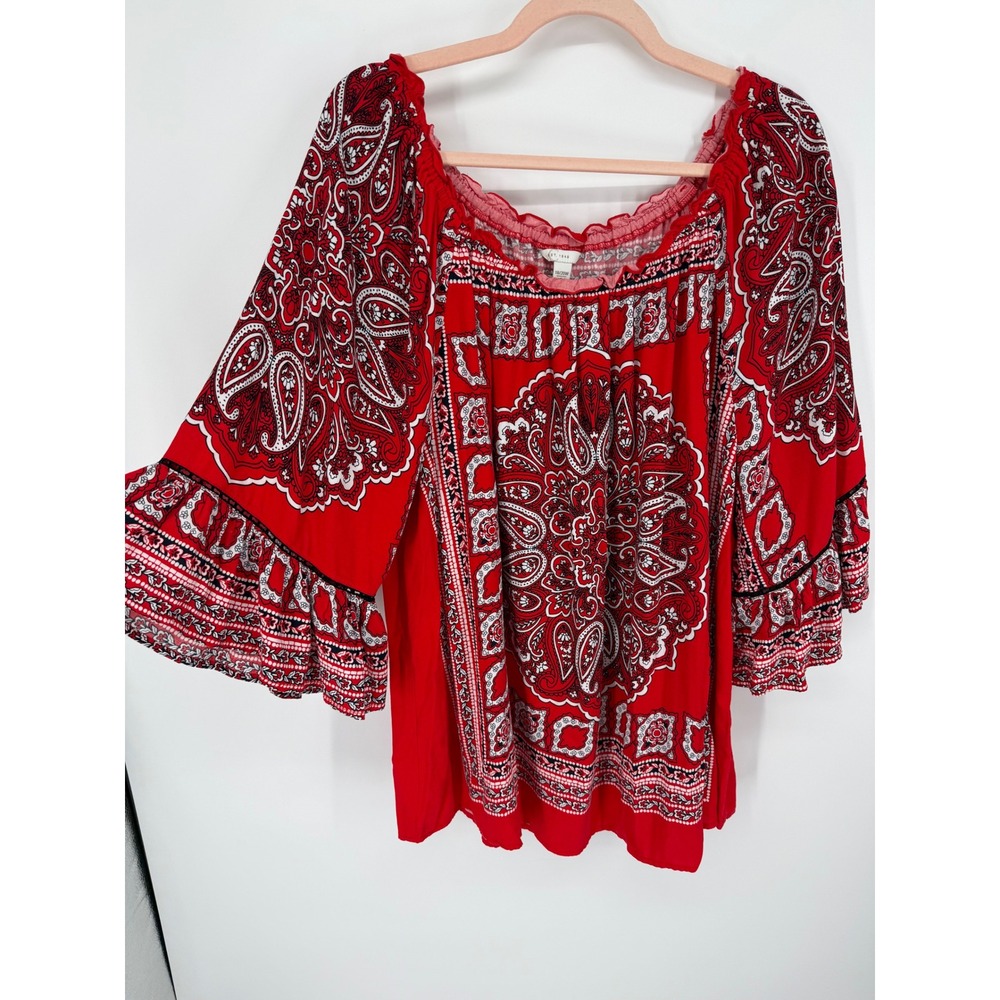 EST. 1946 Peasant Blouse Women 18/20 Red Paisley Bandana Bell Sleeve Top Western